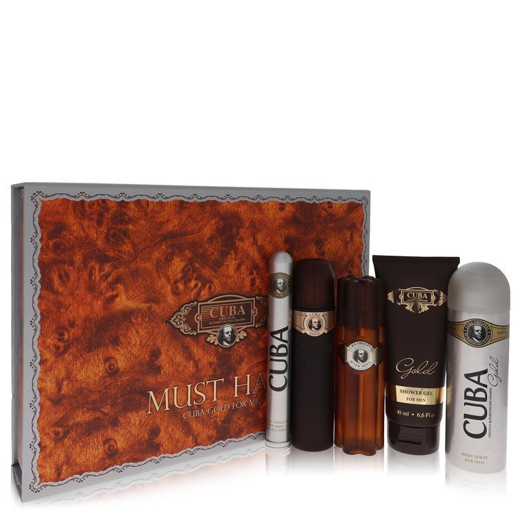 Cuba Gold by Fragluxe Gift Set -- 3.3 oz Eau De Toilette Spray + 3.3 oz After Shave Spray + 6.7 oz Body Deodorant Spray + 6.7 oz Shower Gel + 1.17 oz EDT Spray (Men)